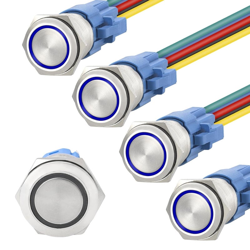 STARELO 5pcs 19mm Momentary led Push Button Switch Sliver Shell, IP65 Waterproof Push Button Switch,1NO 1 NC with Wire Socket Plug,Self-resetting with LED(Blue). - Image 1